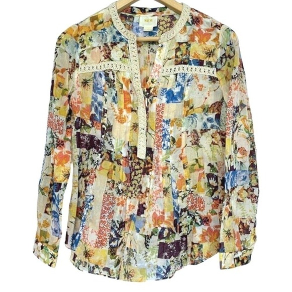 Anthropologie Maeve Pintuck Top Womens Size 0 Floral Fairy Abella Crochet‎ Boho